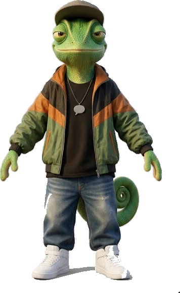 Sailon, a chameleon in a cap, olive bomber jacket and white sneakers